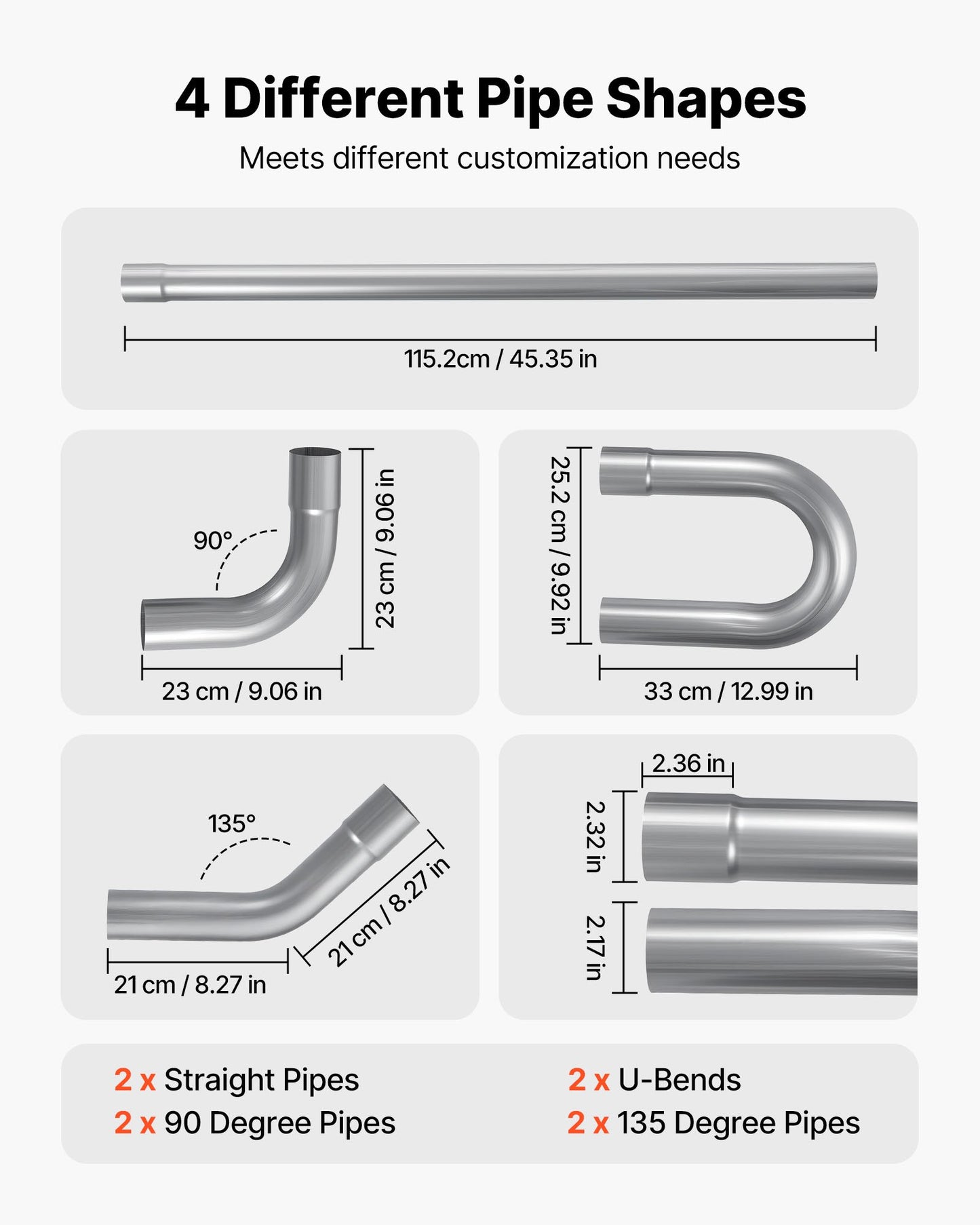 Exhaust Pipe, 8 Pcs 2.25 Inch Mild Steel DIY Custom Exhaust Tubing Straight & U-Bend Kit with 90 & 135 Degree Pipes, Galvanized Surface Finish, Universal Fit for Truck, Sedan, Sports Car, SUV