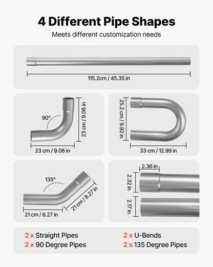 Exhaust Pipe, 8 Pcs 2.25 Inch Mild Steel DIY Custom Exhaust Tubing Straight & U-Bend Kit with 90 & 135 Degree Pipes, Galvanized Surface Finish, Universal Fit for Truck, Sedan, Sports Car, SUV
