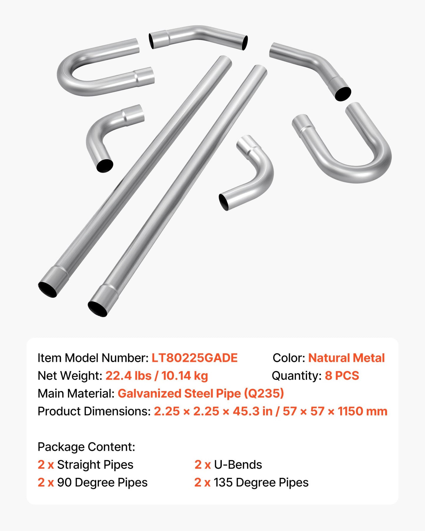Exhaust Pipe, 8 Pcs 2.25 Inch Mild Steel DIY Custom Exhaust Tubing Straight & U-Bend Kit with 90 & 135 Degree Pipes, Galvanized Surface Finish, Universal Fit for Truck, Sedan, Sports Car, SUV
