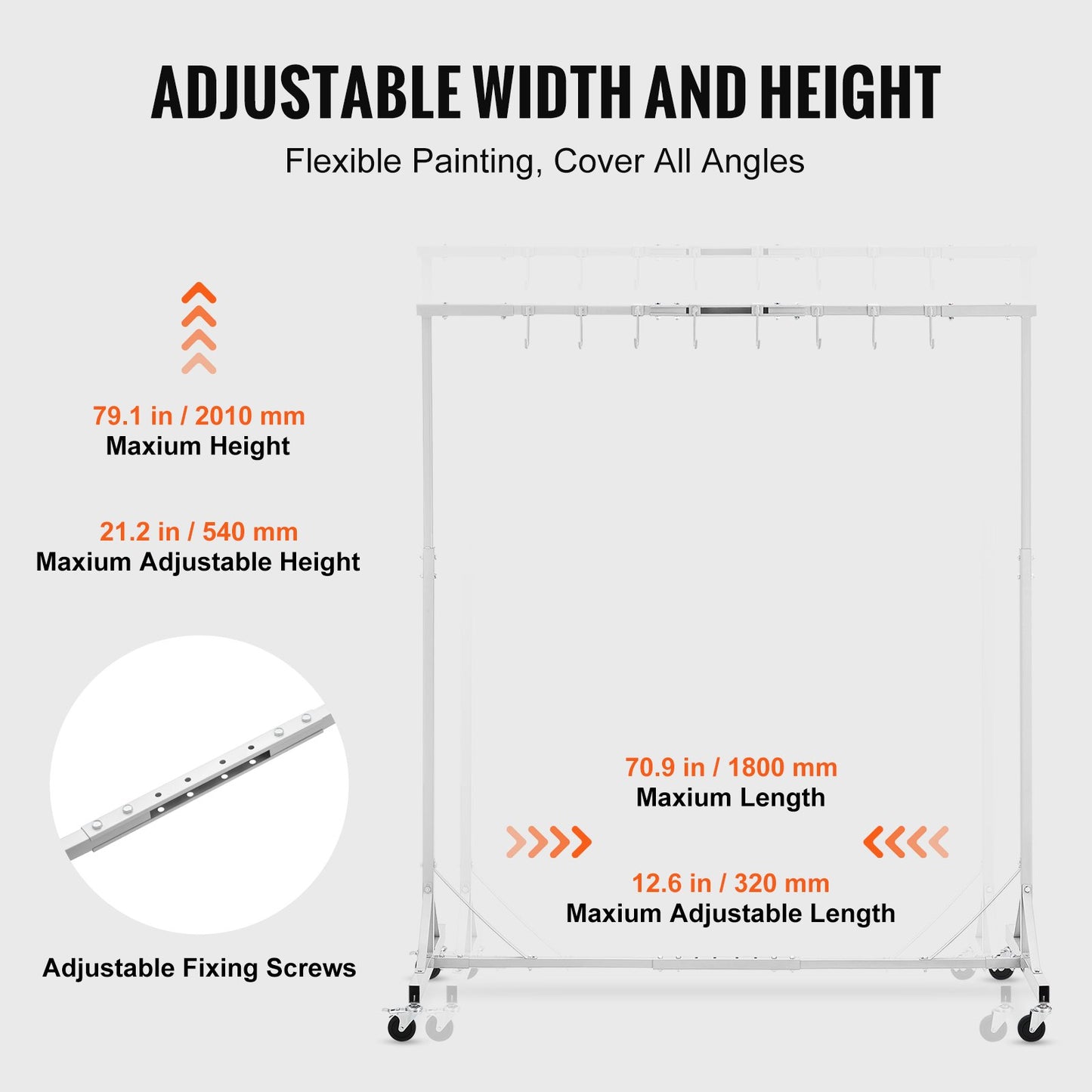 Painting Rack, 5 ft-7 ft Adjustable Height, 66 lbs Capacity Automotive Paint Rack Stand, 8 Hooks Painting Drying Rack with 4 Swiveling Wheels, Auto Body Stand for Auto Repair Shops & Garage
