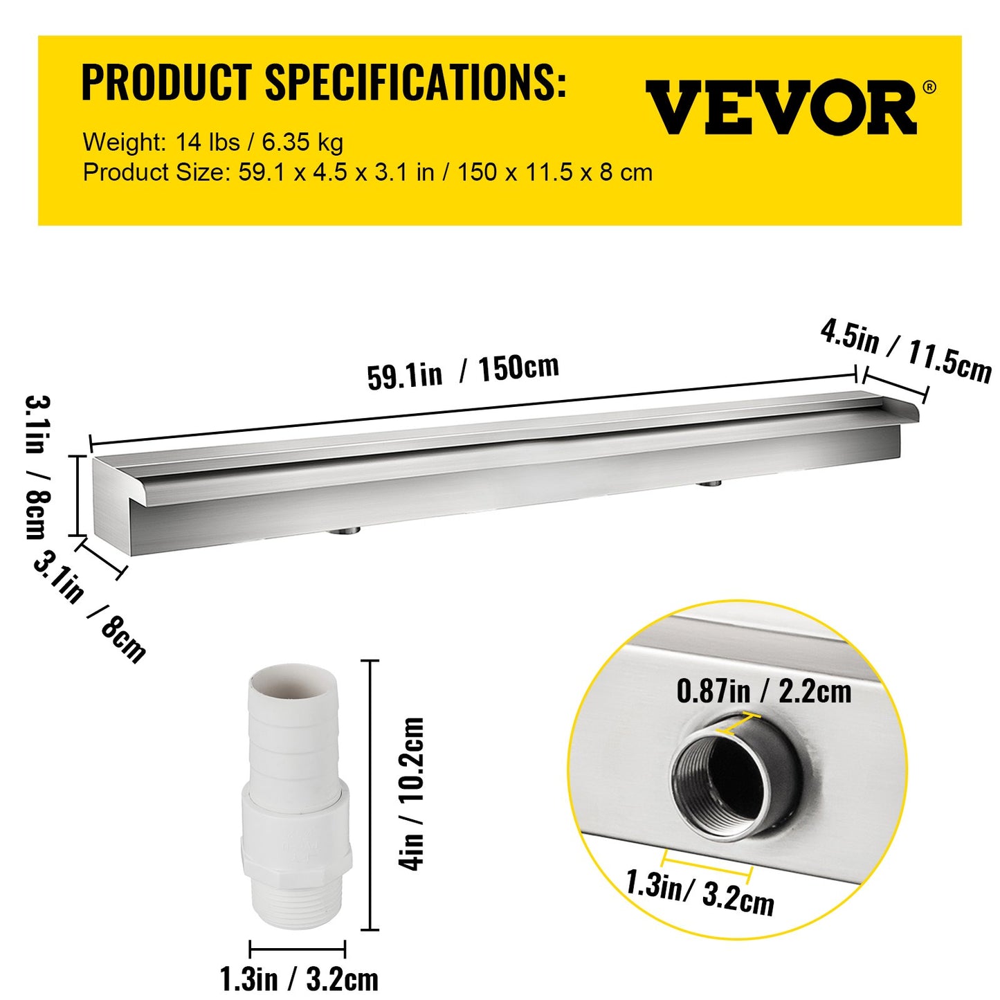 59,1" x 4,5" x 3,1" Dekorativer Edelstahl-Wasserfallbeckenbrunnen für Gartenteich im Innen- und Außenbereich