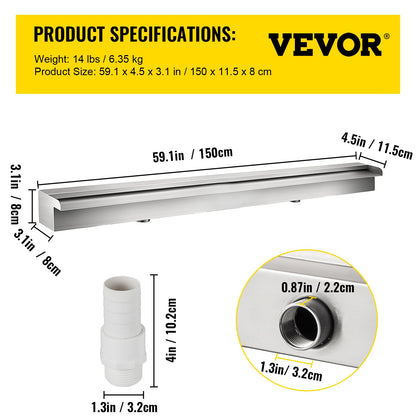 59,1" x 4,5" x 3,1" Dekorativer Edelstahl-Wasserfallbeckenbrunnen für Gartenteich im Innen- und Außenbereich