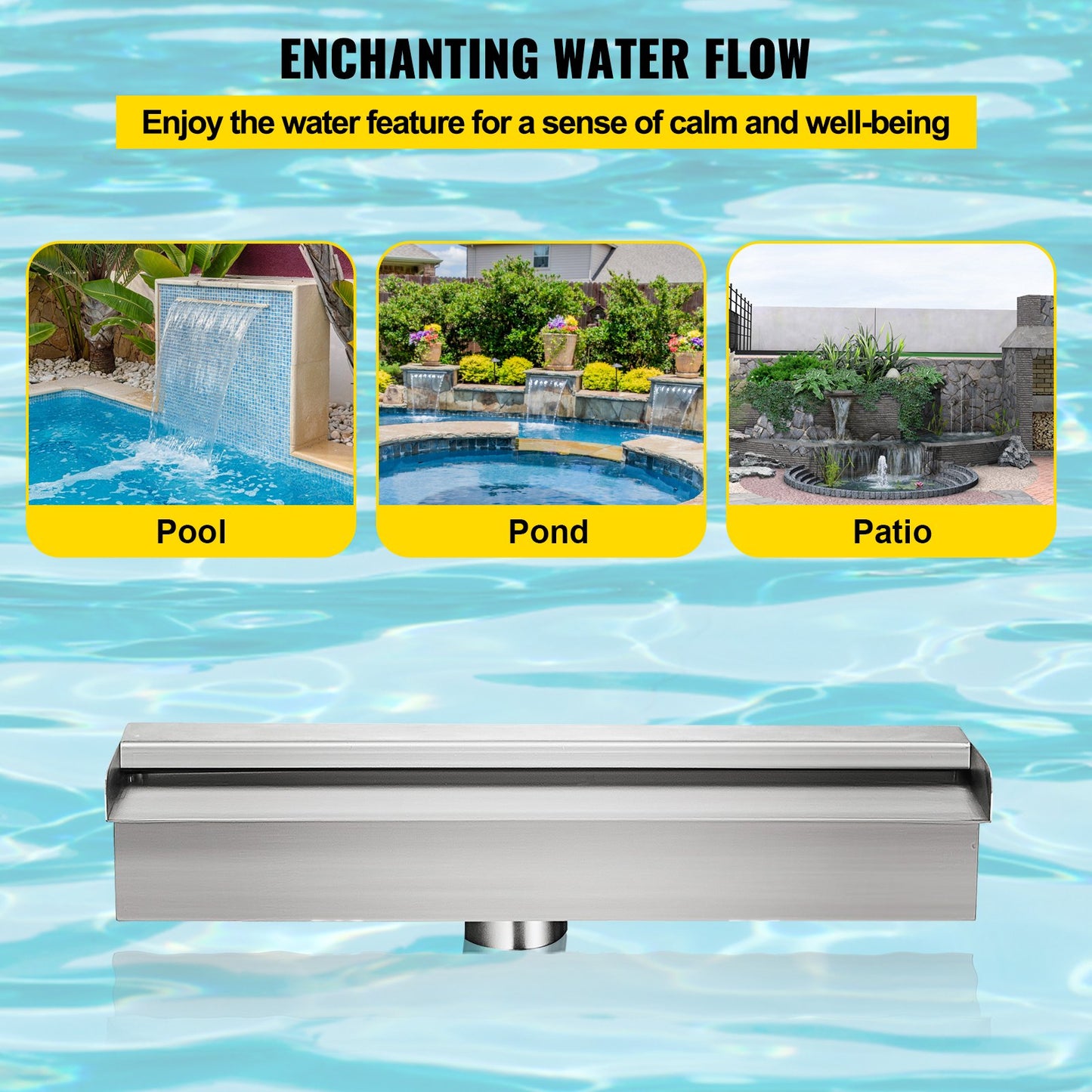 Pool Fountain Stainless Steel Pool Waterfall Spillway with Pipe Connector Rectangular Garden Outdoor (11.8\")