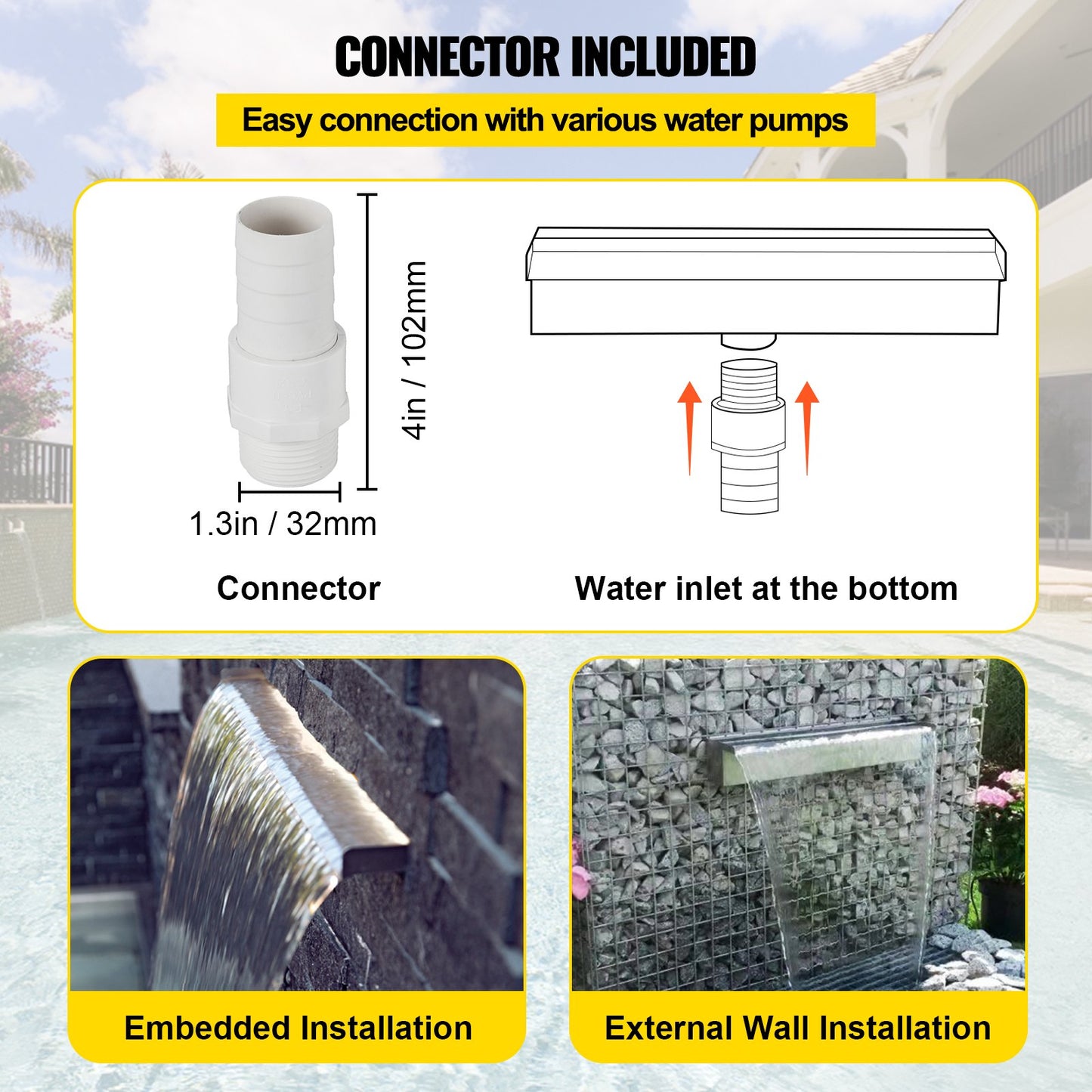 Pool Fountain Stainless Steel Pool Waterfall Spillway with Pipe Connector Rectangular Garden Outdoor (11.8\")