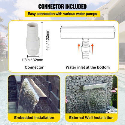 Pool Fountain Stainless Steel Pool Waterfall Spillway with Pipe Connector Rectangular Garden Outdoor (11.8\")