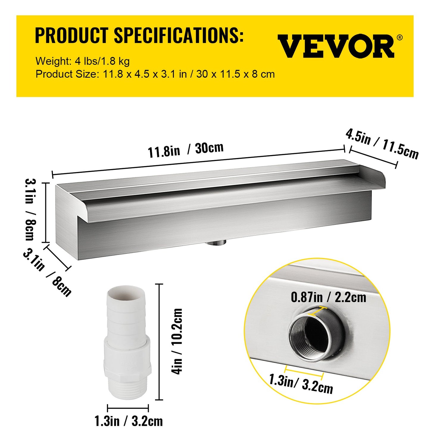 Pool Fountain Stainless Steel Pool Waterfall Spillway with Pipe Connector Rectangular Garden Outdoor (11.8\")