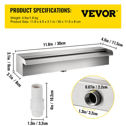 Pool Fountain Stainless Steel Pool Waterfall Spillway with Pipe Connector Rectangular Garden Outdoor (11.8\")