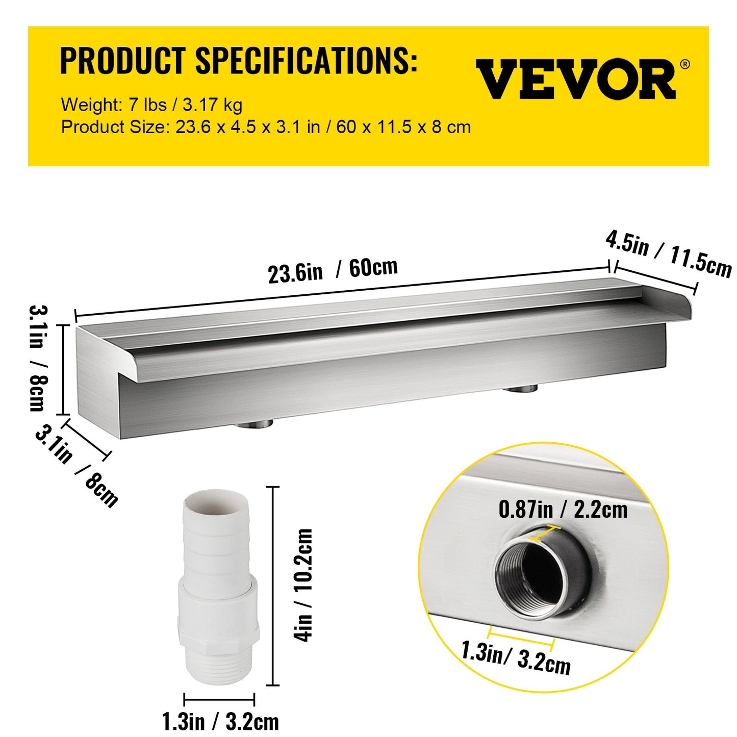 600 mm rostfritt stål vattenfall vattenblad kaskad Koi fiskdamm Botteninlopp