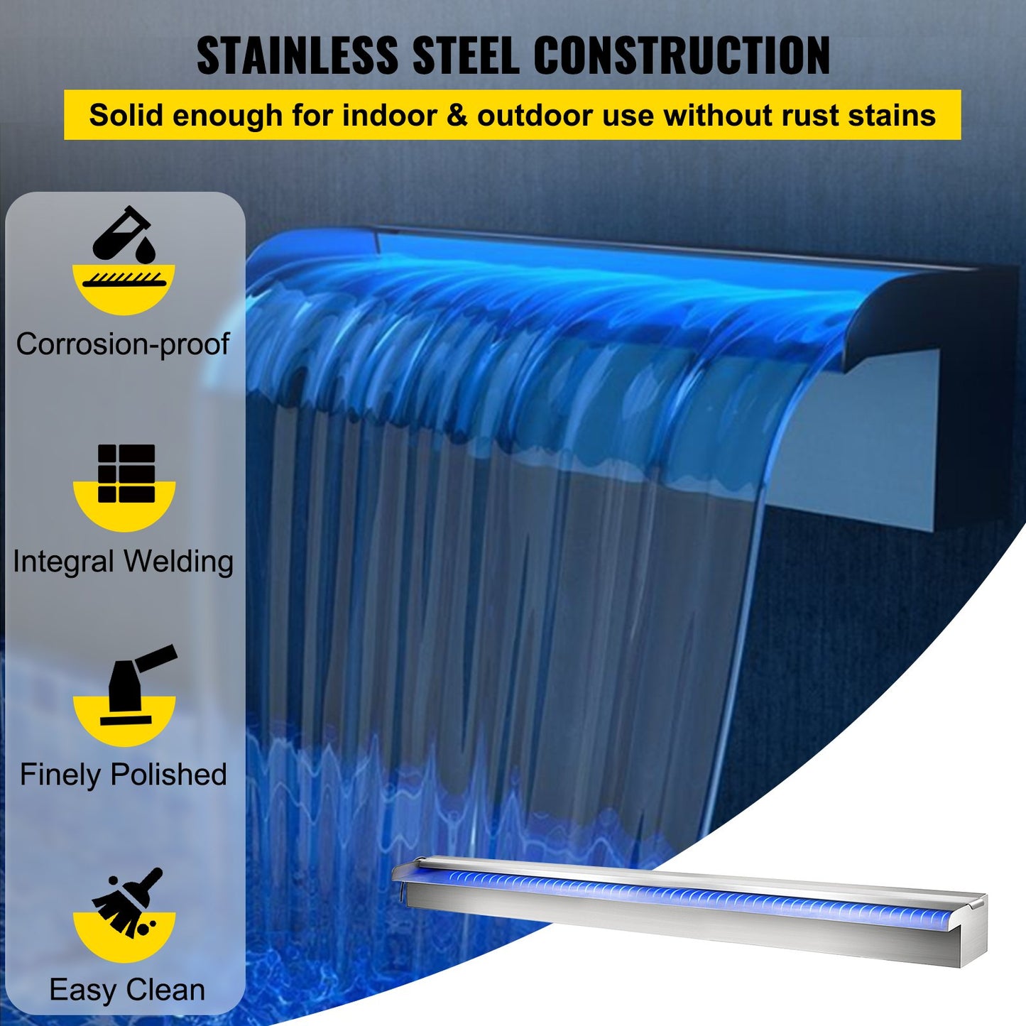 Colorful LED pool waterfall spillway in stainless steel 120x11.5x8 cm