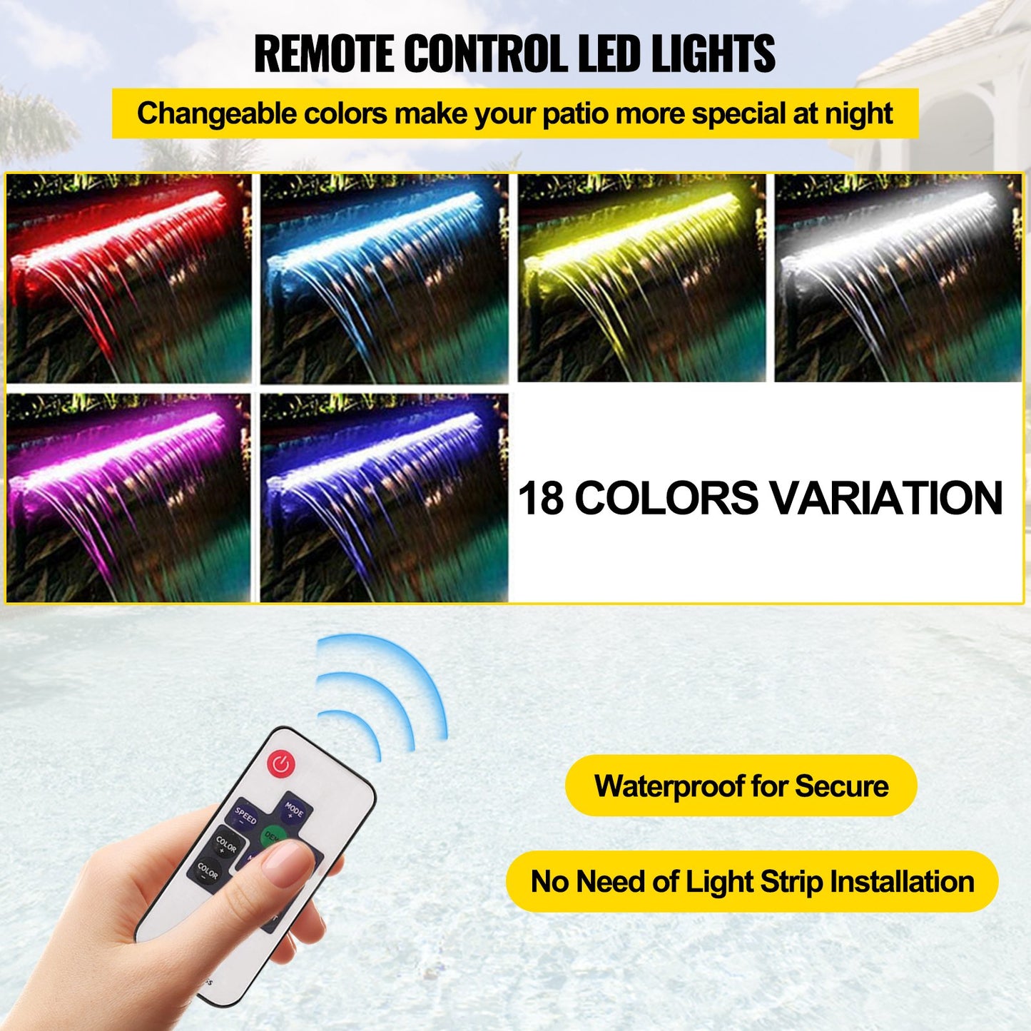 Colorful LED pool waterfall spillway in stainless steel 151x11.5x8 cm