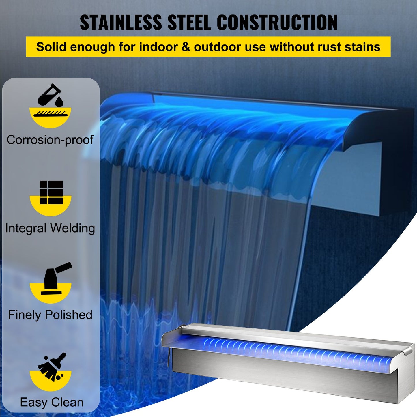 Pool Fountain Stainless Steel Pool Waterfall 11.8\" x 4.5\" x 3.1\"(W x D x H) with LED Strip Light Waterfall Spillway with Pipe Connector Rectangular Garden Outdoor