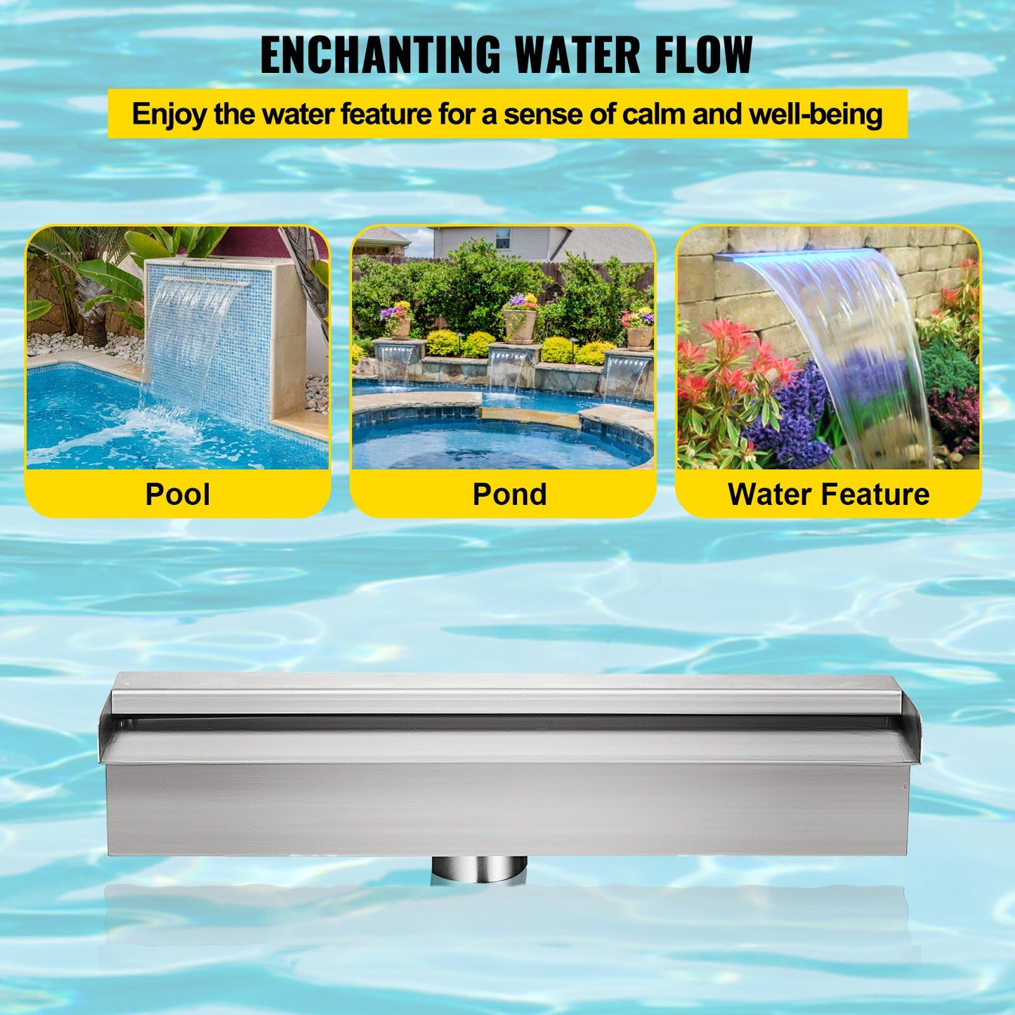 Pool Fountain Stainless Steel Pool Waterfall 11.8\" x 4.5\" x 3.1\"(W x D x H) with LED Strip Light Waterfall Spillway with Pipe Connector Rectangular Garden Outdoor