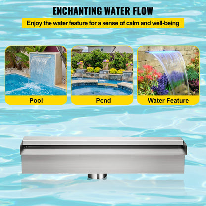 Pool Fountain Stainless Steel Pool Waterfall 11.8\" x 4.5\" x 3.1\"(W x D x H) with LED Strip Light Waterfall Spillway with Pipe Connector Rectangular Garden Outdoor