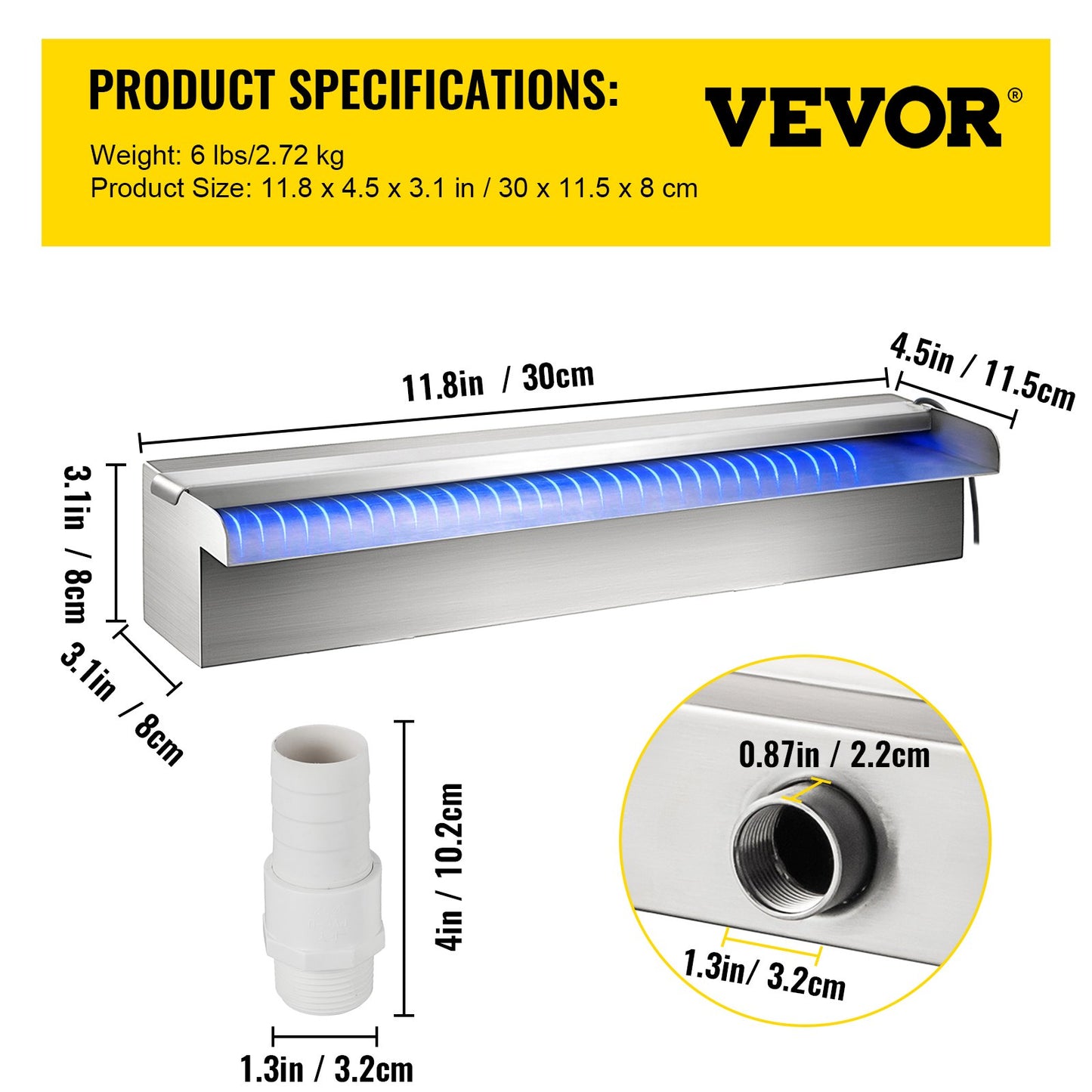 Pool Fountain Stainless Steel Pool Waterfall 11.8\" x 4.5\" x 3.1\"(W x D x H) with LED Strip Light Waterfall Spillway with Pipe Connector Rectangular Garden Outdoor
