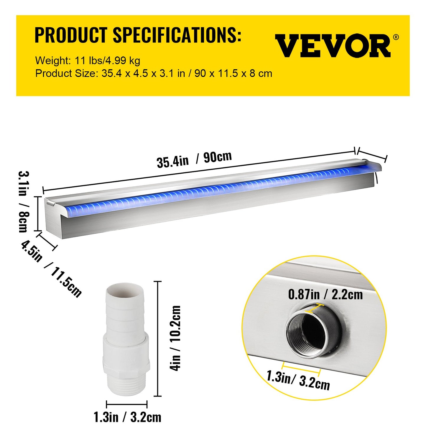 35,4" x 4,5" x 3,1" Dekorativer Wasserfall-Poolbrunnen aus Edelstahl mit LED-Licht für den Gartenteich im Innen- und Außenbereich