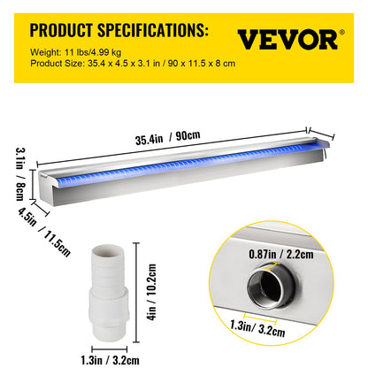 35,4" x 4,5" x 3,1" Dekorativer Wasserfall-Poolbrunnen aus Edelstahl mit LED-Licht für den Gartenteich im Innen- und Außenbereich
