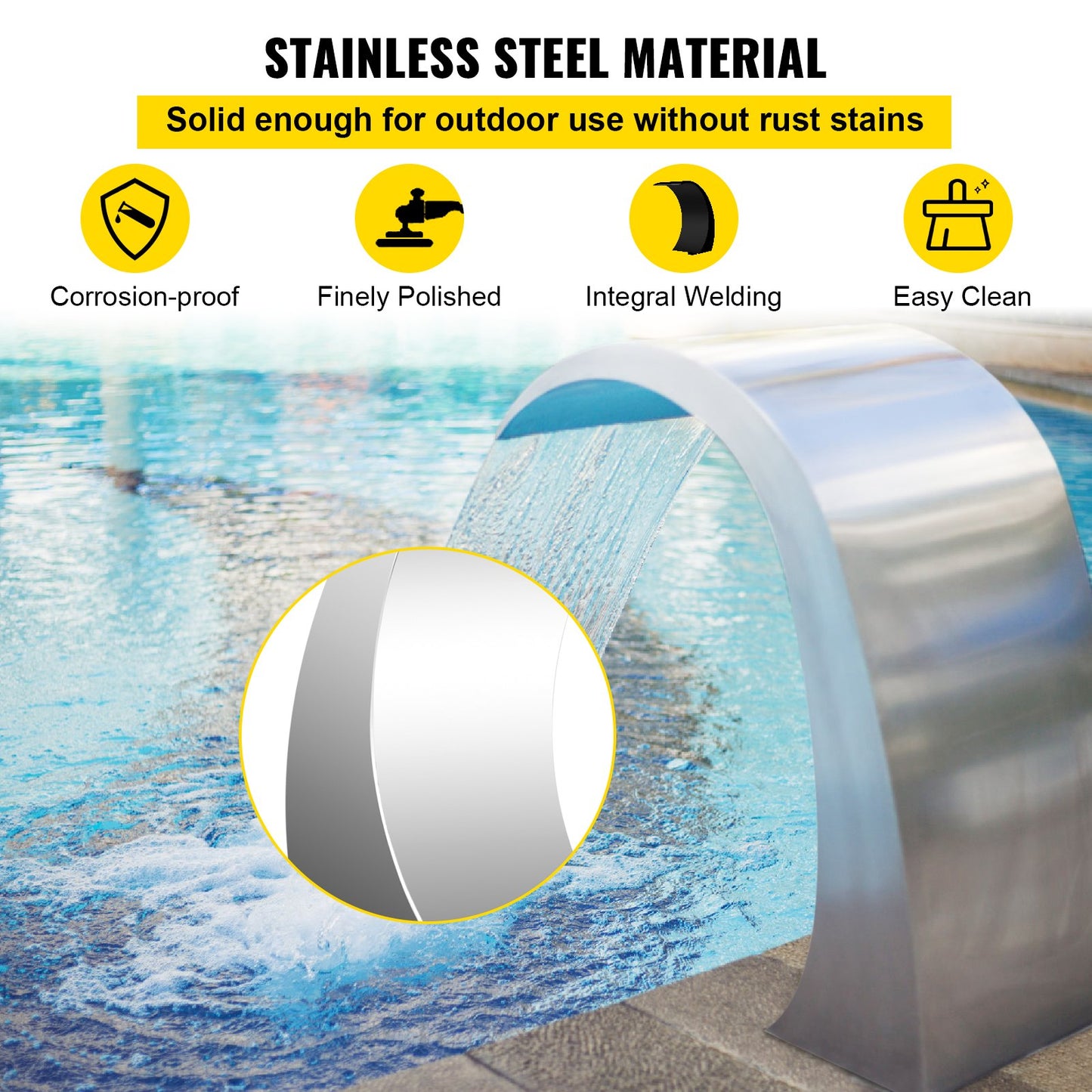 Stainless Steel Pool Fountain 17.7 x 11.8 x 23.6 inches Pool Fountain Silver Pool Fountains for In Ground Pools Garden Outdoor Waterfalls Sheer Descent Pond Water Feature
