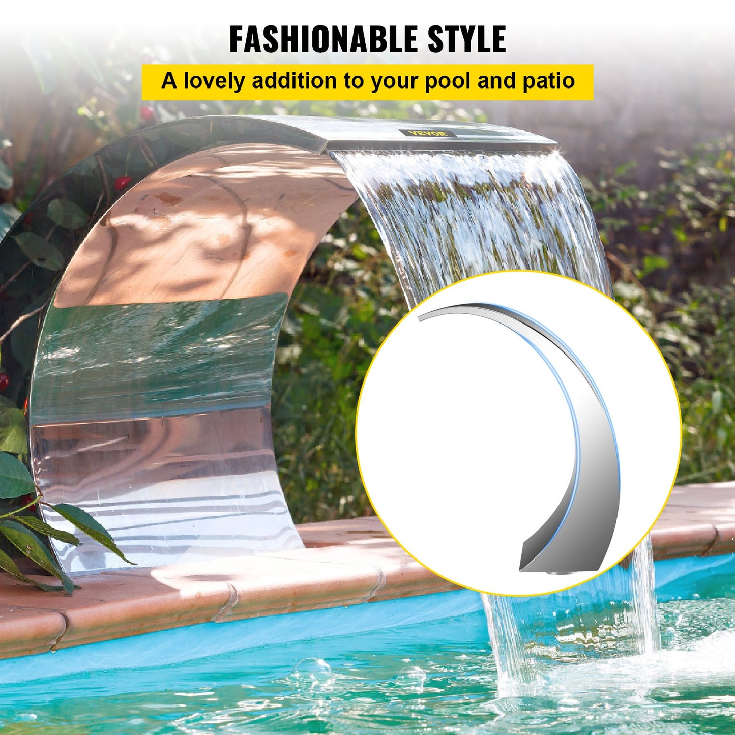 Stainless Steel Pool Fountain 17.7 x 11.8 x 23.6 inches Pool Fountain Silver Pool Fountains for In Ground Pools Garden Outdoor Waterfalls Sheer Descent Pond Water Feature
