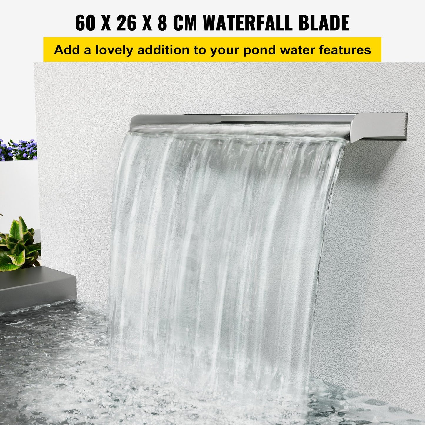 Waterfall blade, 60 cm stainless steel waterfall outlet, rectangular waterfall pool fountain, cascade blade with connection, hose, clamp and PTFE tape, water blade for koi fish pond, water feature