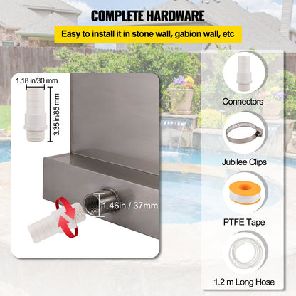 Waterfall blade, 60 cm stainless steel waterfall outlet, rectangular waterfall pool fountain, cascade blade with connection, hose, clamp and PTFE tape, water blade for koi fish pond, water feature