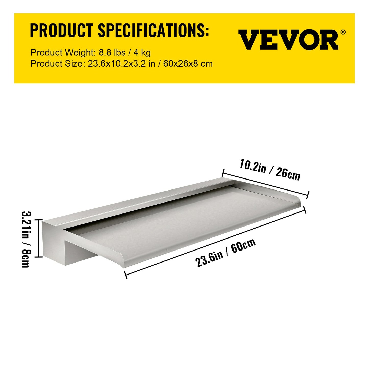 Waterfall blade, 60 cm stainless steel waterfall outlet, rectangular waterfall pool fountain, cascade blade with connection, hose, clamp and PTFE tape, water blade for koi fish pond, water feature