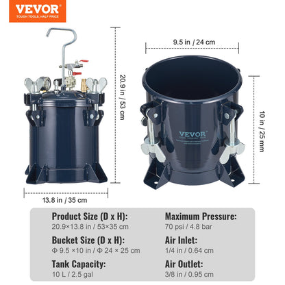 10L/2.5gal Spray Paint Pressure Pot Tank, 70PSI Max Air Paint Pressure Pot, Metal Rack and Leak Repair Sealant for Industry Home Decor Architecture Construction Automotive Painting