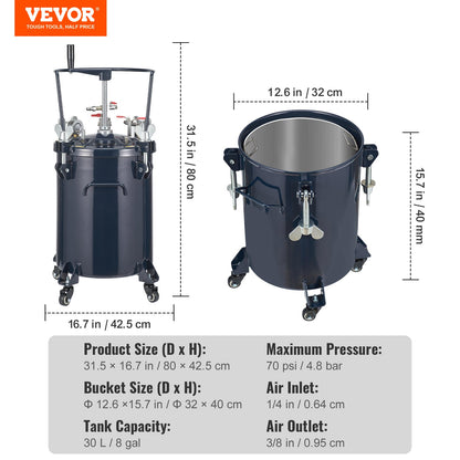 Spray Paint Pressure Pot Tank, 30L/8gal Air Paint Pressure Pot med manuell blandningsomrörare, läckagereparation tätningsmedel för industrin Heminredning Arkitektur Konstruktion Bilmålning, 70PSI Max