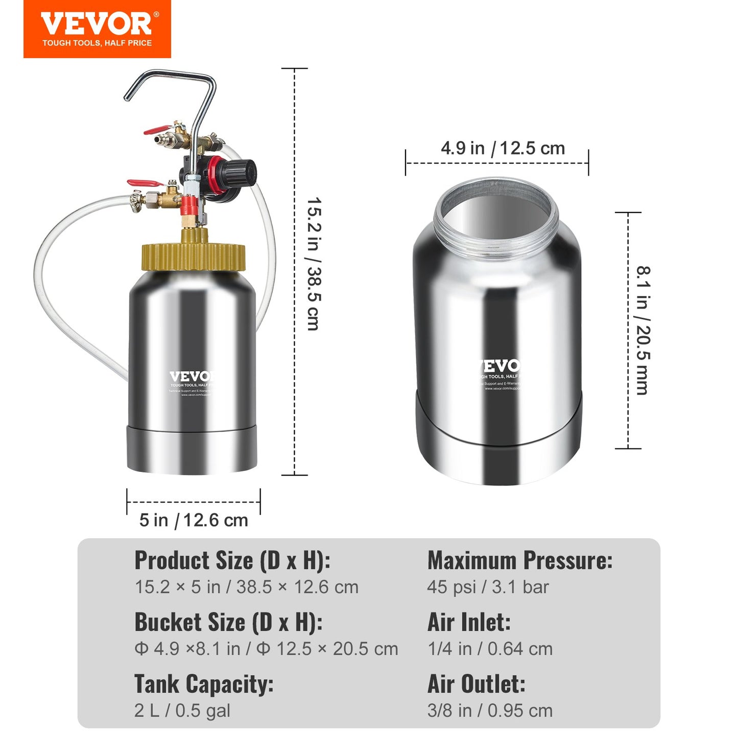 2L/0.5gal Spray Paint Pressure Pot Tank, Lightweight Air Paint Pressure Pot, 1.8mm Nozzle Spray Paint Gun 3m Hoses for Home Decoration Architecture Construction Automotive Painting, 45PSI Max