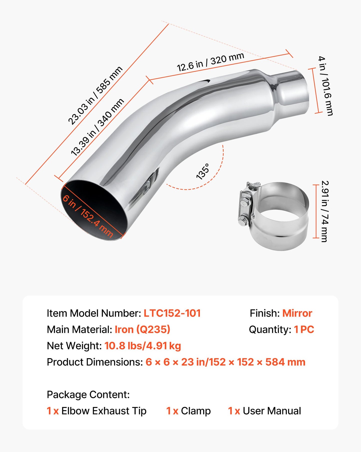 Elbow Exhaust Tip, 4 Inch Inlet, 6 Inch Outlet, 23 in Overall Length, Chrome Turn Down Exhaust Tip with Clamp for Truck, Sedan, Sports Car, SUV, Chrome Structure for High Temperature Resistance