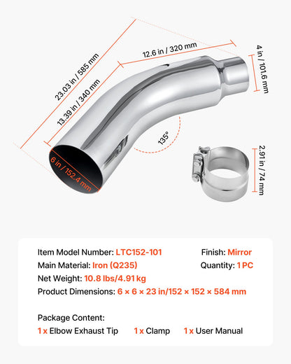 Elbow Exhaust Tip, 4 Inch Inlet, 6 Inch Outlet, 23 in Overall Length, Chrome Turn Down Exhaust Tip with Clamp for Truck, Sedan, Sports Car, SUV, Chrome Structure for High Temperature Resistance