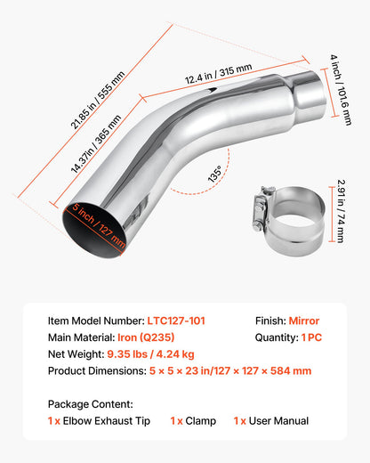 Elbow Exhaust Tip, 4 Inch Inlet, 5 Inch Outlet, 23 in Overall Length, Chrome Turn Down Exhaust Tip with Clamp for Truck, Sedan, Sports Car, SUV, Chrome Structure for High Temperature Resistance