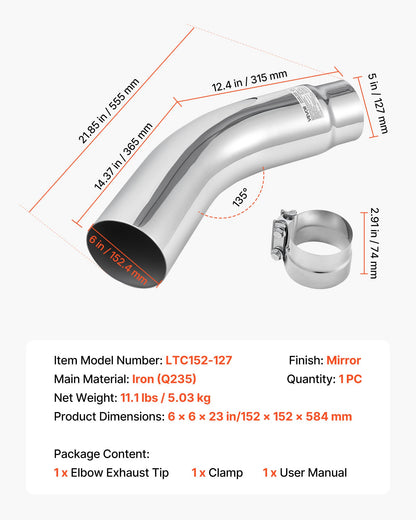 Elbow Exhaust Tip, 5 Inch Inlet, 6 Inch Outlet, 23 in Overall Length, Chrome Turn Down Exhaust Tip with Clamp for Truck, Sedan, Sports Car, SUV, Chrome Structure for High Temperature Resistance
