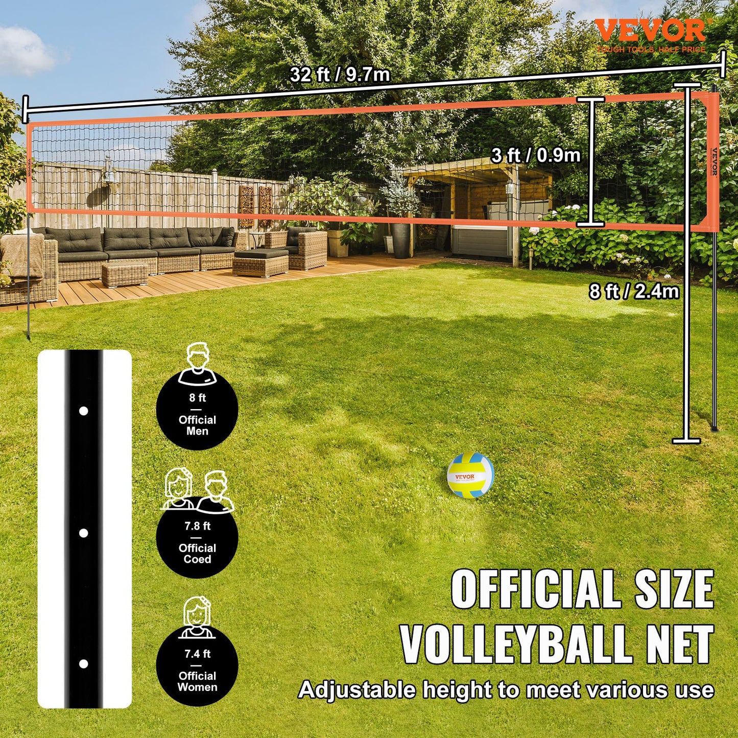 Tragbares Volleyballnetzsystem für den Außenbereich, höhenverstellbare Aluminiumpfosten, professionelles Volleyballset mit PVC-Volleyball, Pumpe, Tragetasche, robustes Volleyballnetz für Garten, Strand, Rasen