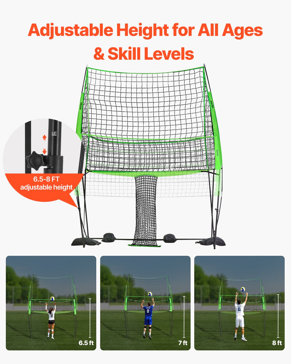 Volleyball Training Net System, Freely Height-Adjustable Practice Equipment with Ball Return, 8x11ft Portable Net Station, Easy Setup for Backyard Indoor Outdoor Serving Spiking Improve Accuracy