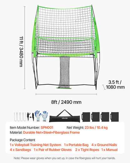Volleyball Training Net System, Freely Height-Adjustable Practice Equipment with Ball Return, 8x11ft Portable Net Station, Easy Setup for Backyard Indoor Outdoor Serving Spiking Improve Accuracy