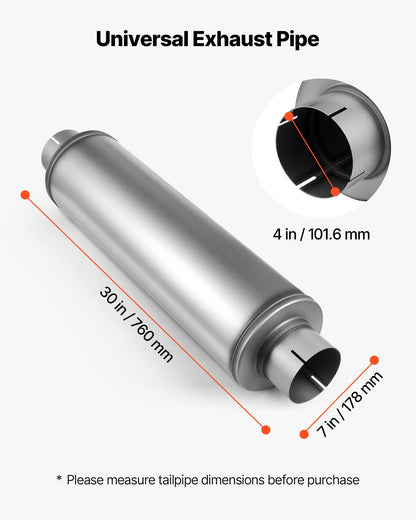 Exhaust Muffler, 4 Inch Inlet & Outlet, 30 Inch Overall Length Stainless Steel Exhaust Tip, Universal Resonator Round Body, High Performance for Trucks, Sedans, Sports Cars, SUVs & Daily Drivers