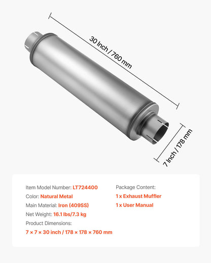 Exhaust Muffler, 4 Inch Inlet & Outlet, 30 Inch Overall Length Stainless Steel Exhaust Tip, Universal Resonator Round Body, High Performance for Trucks, Sedans, Sports Cars, SUVs & Daily Drivers