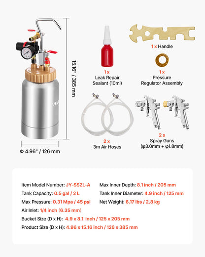Spray Paint Pressure Pot, 0.5 Gal/2 L Pressure Pot Paint Sprayer, φ1.8mm + φ3mm Two Spray Guns Central Pneumatic Sprays Gun with Two 9.8 FT/3 m Hoses for Furniture, Car, Fence, Max 45 Psi