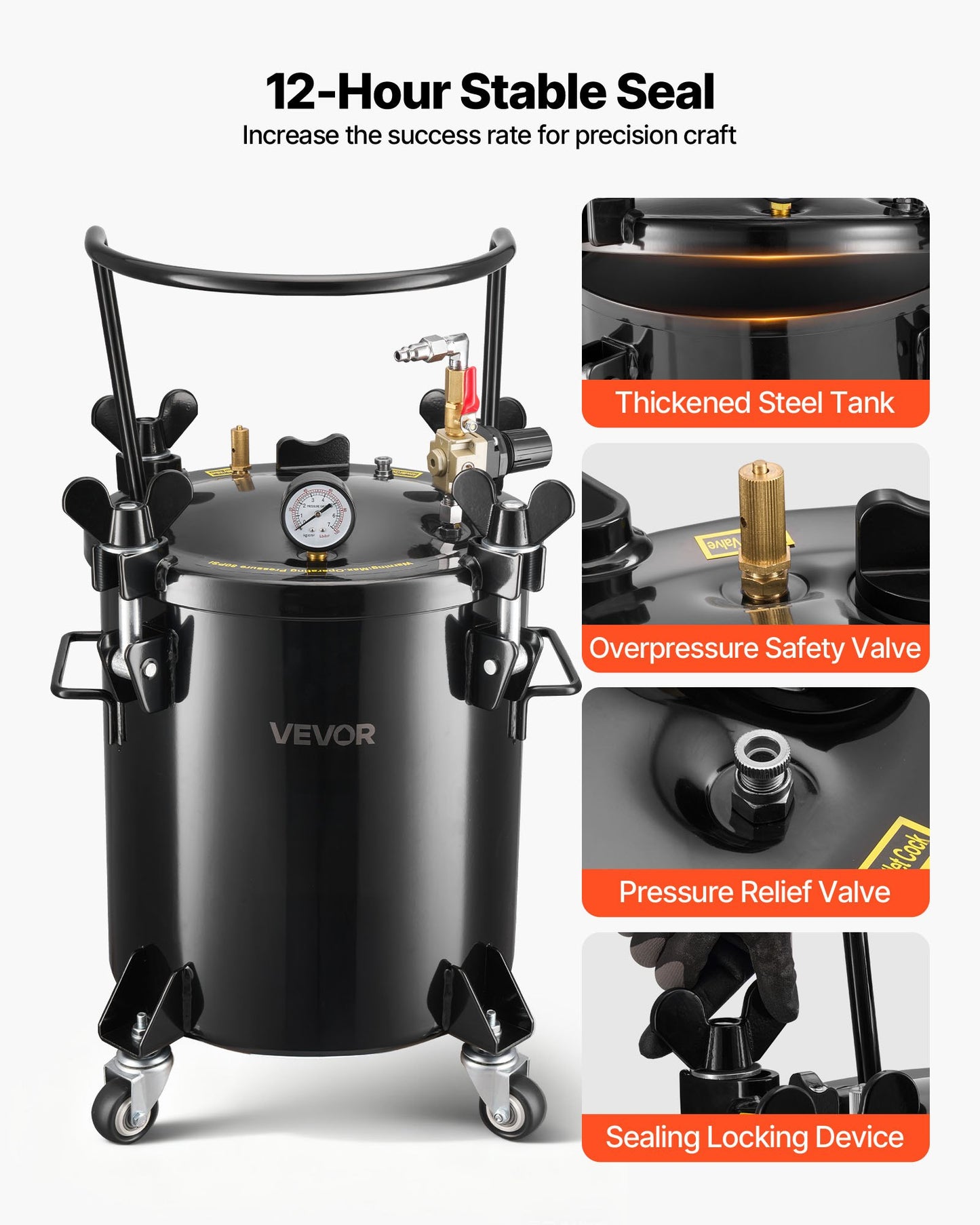 Pressure Pot Paint Tank, 5.3 Gal/20 L Heavy Duty Steel Air Tool Pressure Pot, Spray Paint Pressures Pots with Three Quick-Connect Couplers for Home Use, DIY, Art Creations, Large-Diameter Tank