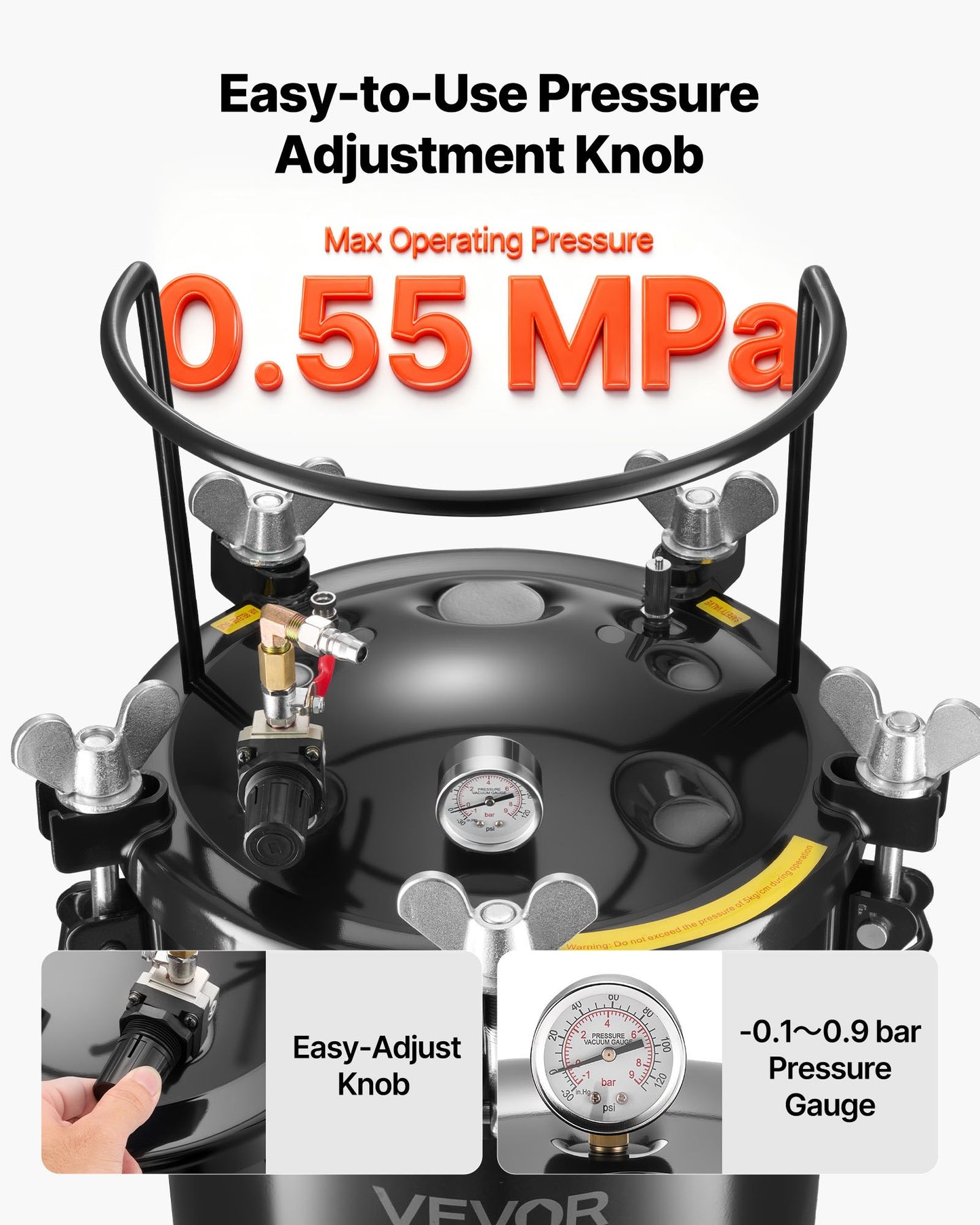 Pressure Pot Paint Tank, 10.6 Gal/40 L Heavy Duty Steel Air Tool Pressure Pot, Spray Paint Pressures Pots with Three Quick-Connect Couplers for Home Use, DIY, Art Creations, Large-Diameter Tank