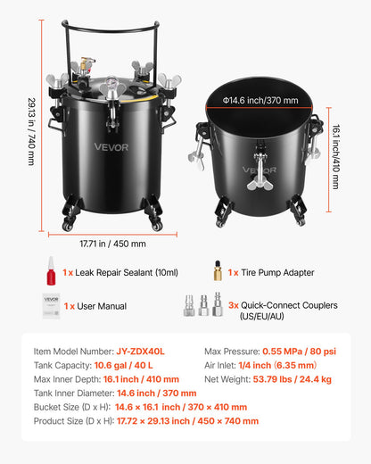 Pressure Pot Paint Tank, 10.6 Gal/40 L Heavy Duty Steel Air Tool Pressure Pot, Spray Paint Pressures Pots with Three Quick-Connect Couplers for Home Use, DIY, Art Creations, Large-Diameter Tank