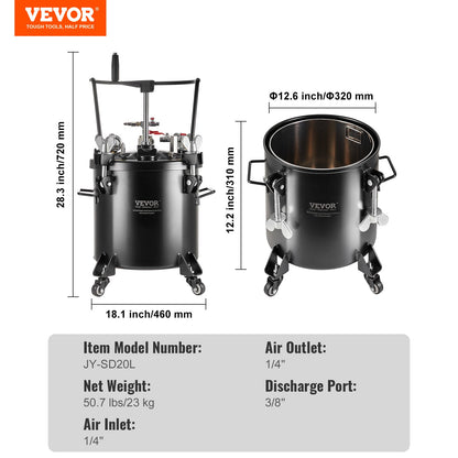 Spray Paint Pressure Pot, 20L/5gal Pressure Pot Tank, 70 psi Adjustale Pressure, Steel Pressure Pot Paint Tank with Casters and Leak Repair Sealant, for Home Decor and Industry Painting