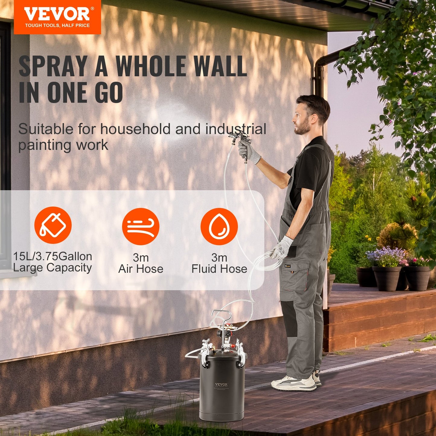 Druckbehälter für Sprühfarbe, 15 l/3,75 gal. Schläuche für Spritzpistolen, Druckmesser