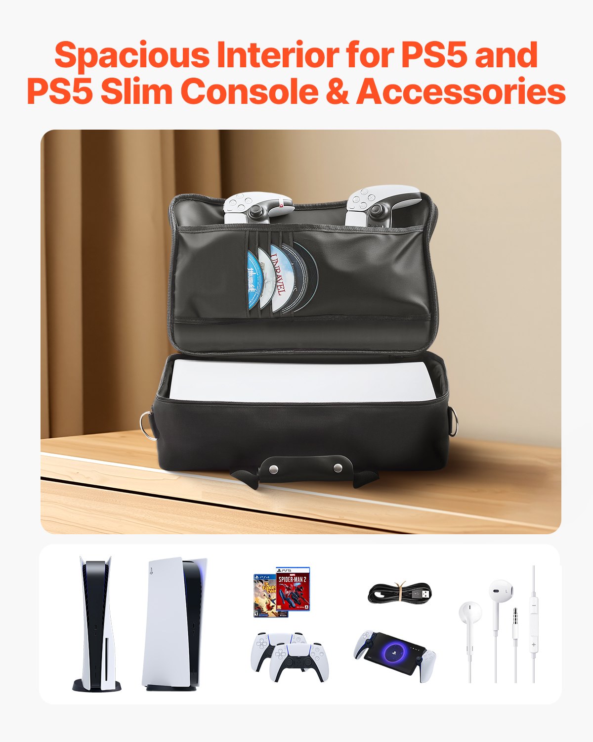 PS5 Carrying Case, Travel Bag for Playstation 5 & PS5 Slim Waterproof Nylon, Soft Interior Lining & Padded Dividers for Extra Protection, Spacious Design with Carry Handle for Storage, Home