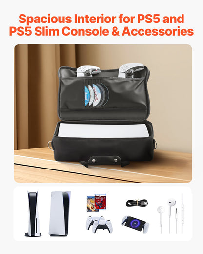 PS5 Carrying Case, Travel Bag for Playstation 5 & PS5 Slim Waterproof Nylon, Soft Interior Lining & Padded Dividers for Extra Protection, Spacious Design with Carry Handle for Storage, Home