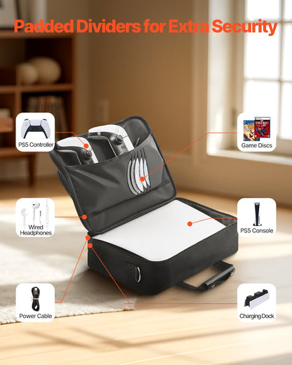 PS5 Carrying Case, Travel Bag for Playstation 5 & PS5 Slim Waterproof Nylon, Soft Interior Lining & Padded Dividers for Extra Protection, Spacious Design with Carry Handle for Storage, Home