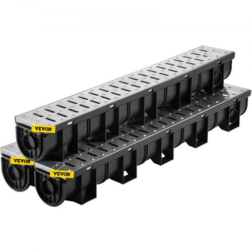 Trench Drain System, Channel Drain with Metal Grate, 5.9x5.1-Inch HDPE Drainage Trench, Black Plastic Garage Floor Drain, 3x39 Trench Drain Grate, with 3 End Caps, for Garden, Driveway-3 Pack