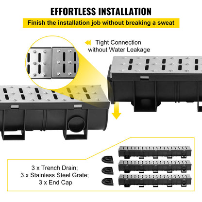 Trench Drain System, Channel Drain with Metal Grate, 5.9x5.1-Inch HDPE Drainage Trench, Black Plastic Garage Floor Drain, 3x39 Trench Drain Grate, with 3 End Caps, for Garden, Driveway-3 Pack