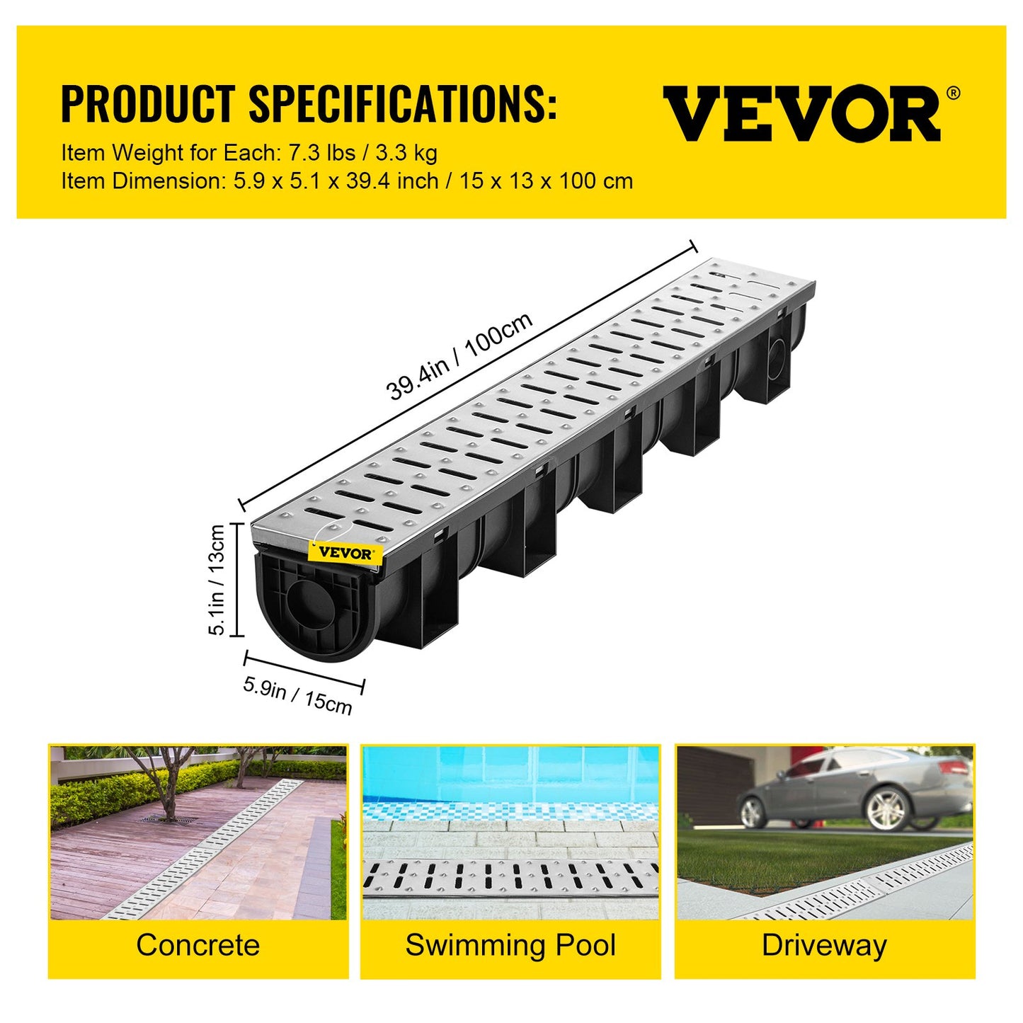 Trench Drain System, Channel Drain with Metal Grate, 5.9x5.1-Inch HDPE Drainage Trench, Black Plastic Garage Floor Drain, 3x39 Trench Drain Grate, with 3 End Caps, for Garden, Driveway-3 Pack