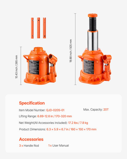 Hydraulischer Flaschenwagenheber, 20 Tonnen, manuell, hohe Hubhöhe, Autowerkstatt